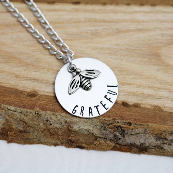 Bee Grateful - Hand Stamped Bee Necklace - Handmade & Hypoallergenic - Picture 1 of 6